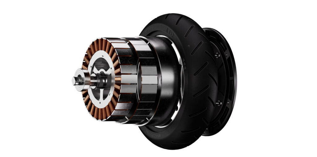 Moteur de la roue avant de la Ninebot E2 E II en vue éclatée, stator, jante et pneu 8,1 pouces