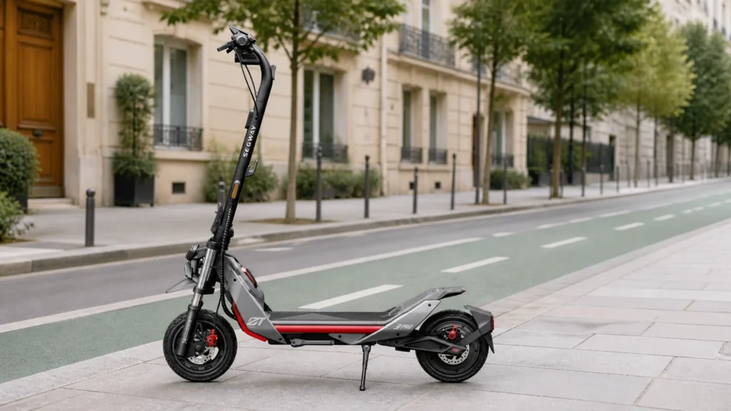 Ninebot ZT3 Pro E stationnée près d’une piste cyclable en ville