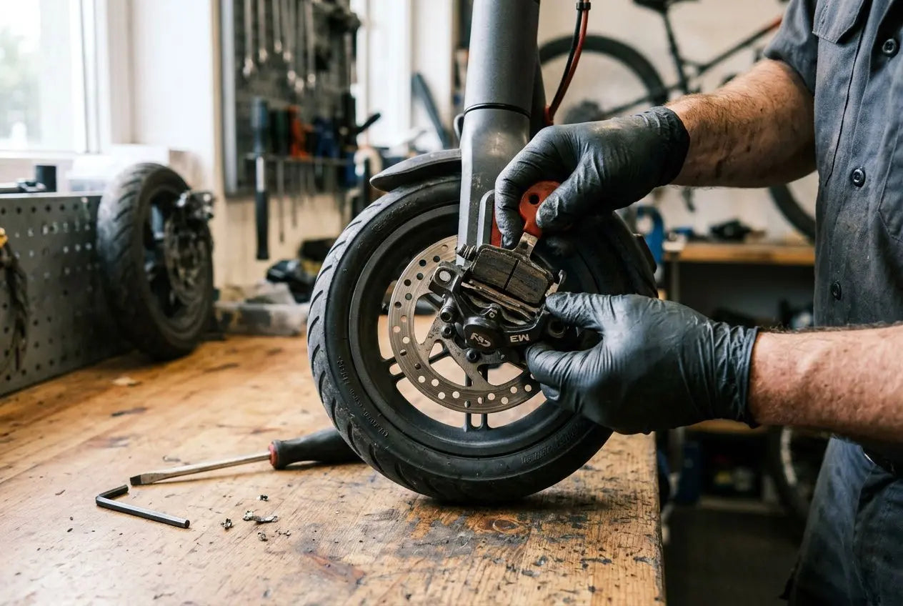 ouvrier ajustant un frein à disque sur une trottinette électrique, outil et pièces autour sur le établi, travail de maintenance. frein trottinette électrique.