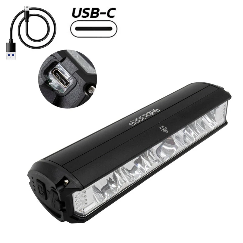 Port de recharge USB-C sous capot et câble fourni du phare eRIDER360
