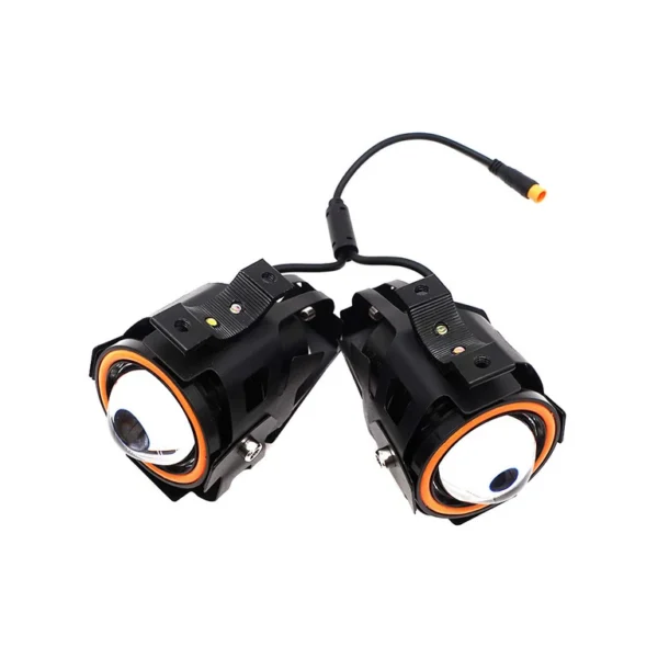 Phares avant UrbanGlide E-Cross Pro de trois quarts avec leur faisceau en Y à connecteur étanche