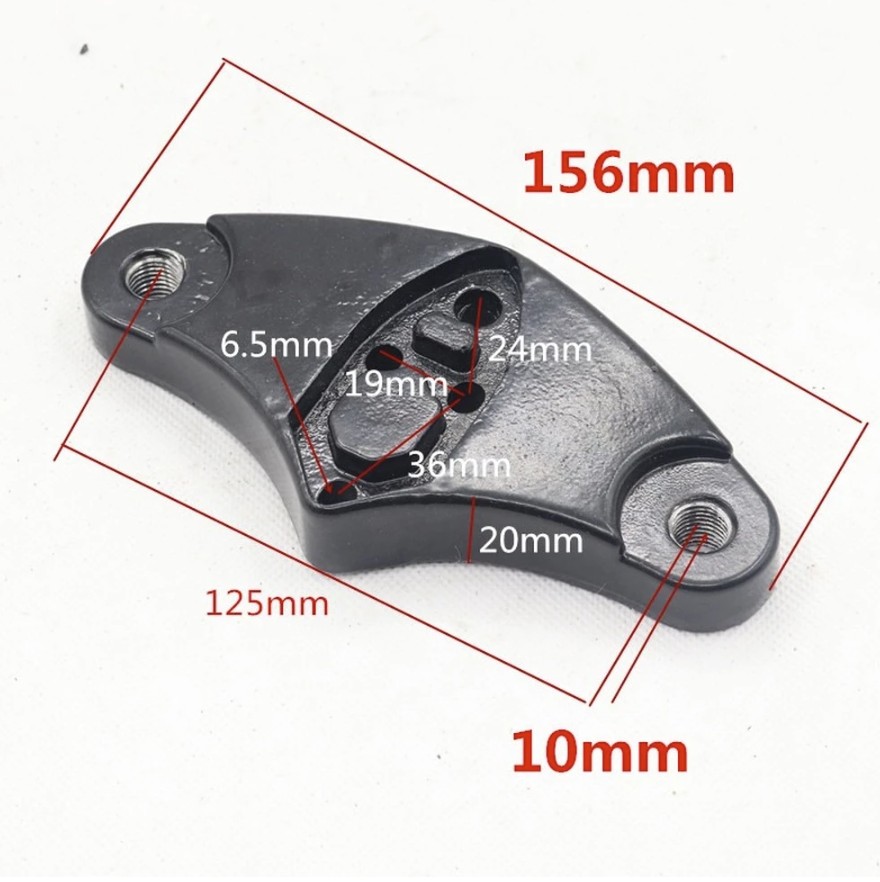 Dessin coté de la plaque : 156 mm de long, entraxe de 125 mm entre les deux filetages de 10 mm