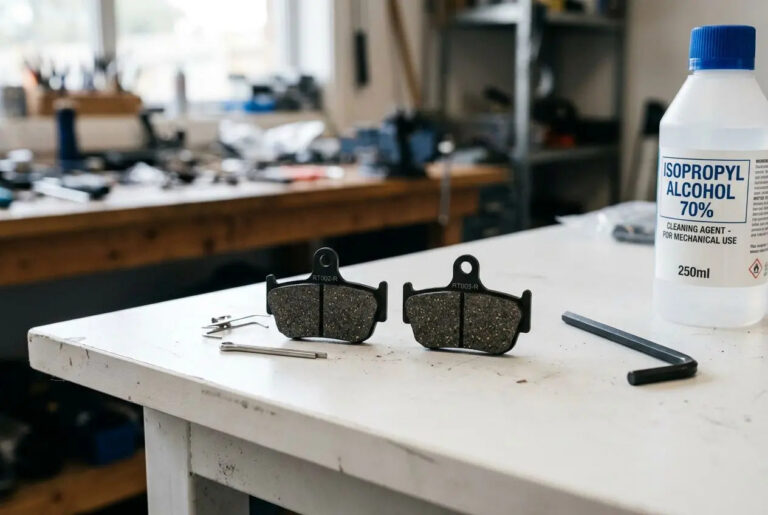 Plaquettes de frein trottinette électrique déposées sur une table de travail avec alcool isopropylique et outil, prêt à être montées.