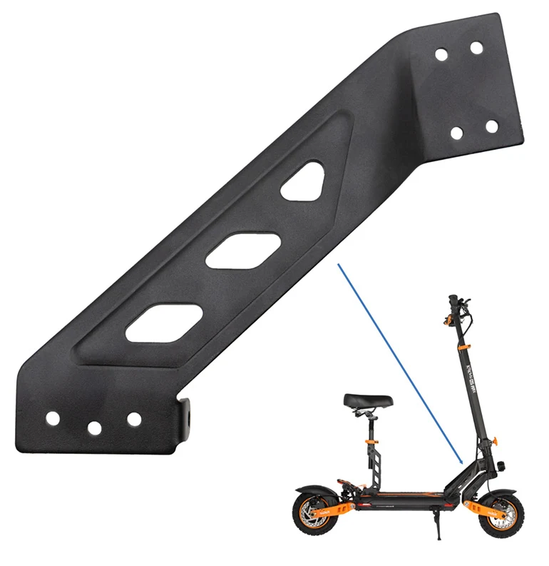 Platine de liaison noire vue en entier, avec une flèche vers son emplacement au pied du mât de la trottinette