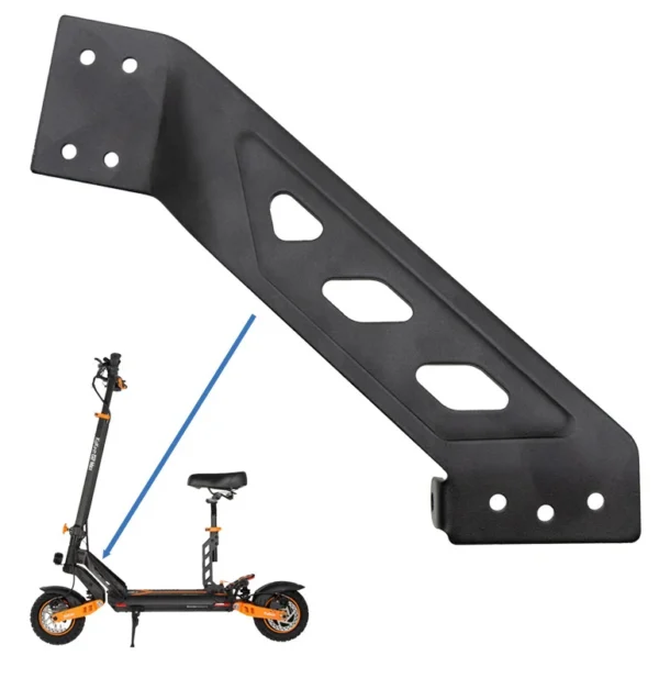 Platine de liaison noire vue en entier, avec une flèche vers son emplacement au pied du mât de la trottinette Platine de liaison noire vue en entier, avec une flèche vers son emplacement au pied du mât de la trottinette