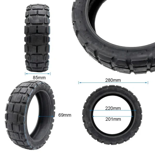 Pneu tubeless 12 × 3 coté : 280 mm de diamètre hors tout, 85 mm de large Pneu tubeless 12 × 3 coté : 280 mm de diamètre hors tout, 85 mm de large