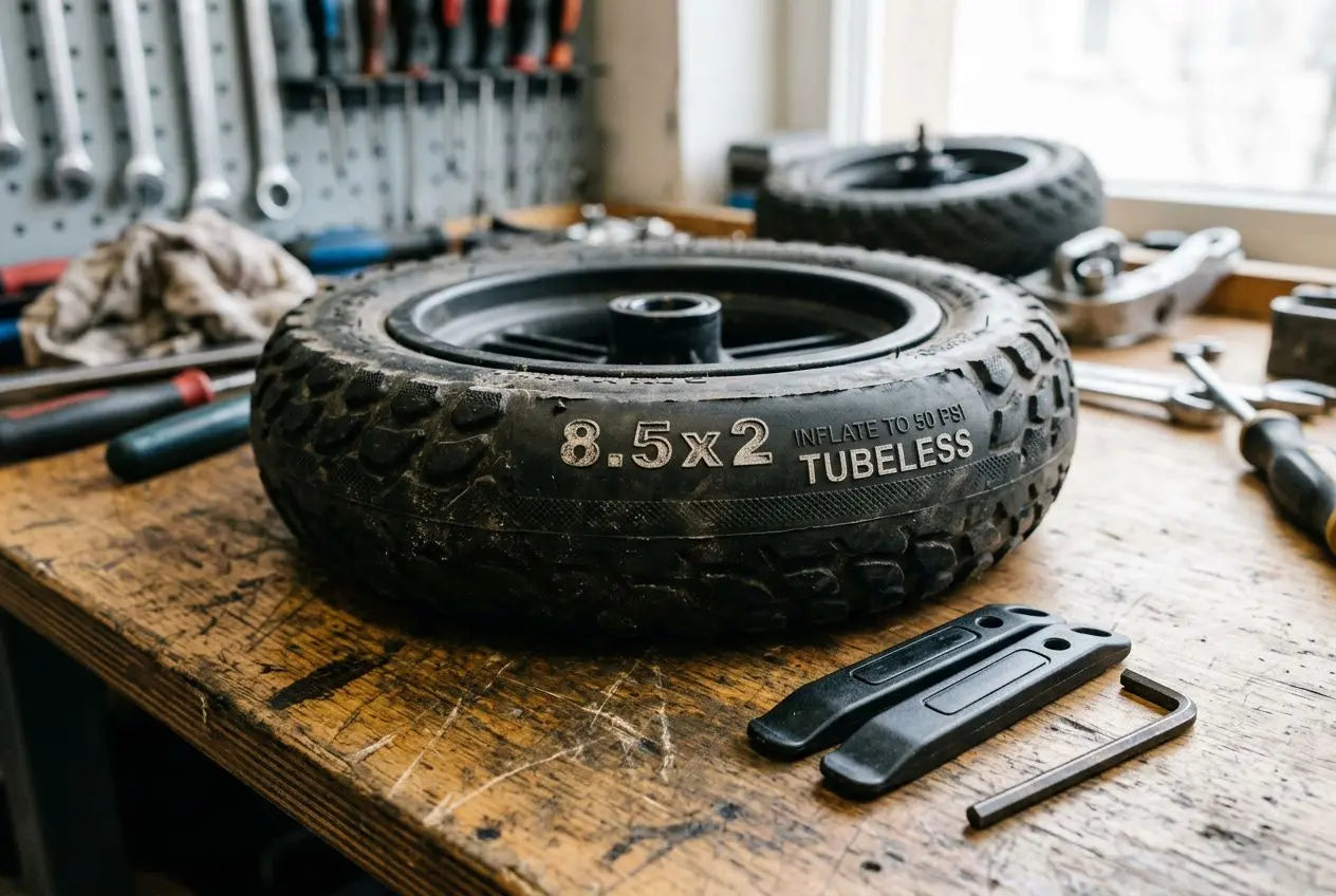Pneu de trottinette électrique déposé sur un établi, outil et chambre à air à proximité, prêt pour changer la chambre à air sur une trottinette électrique.