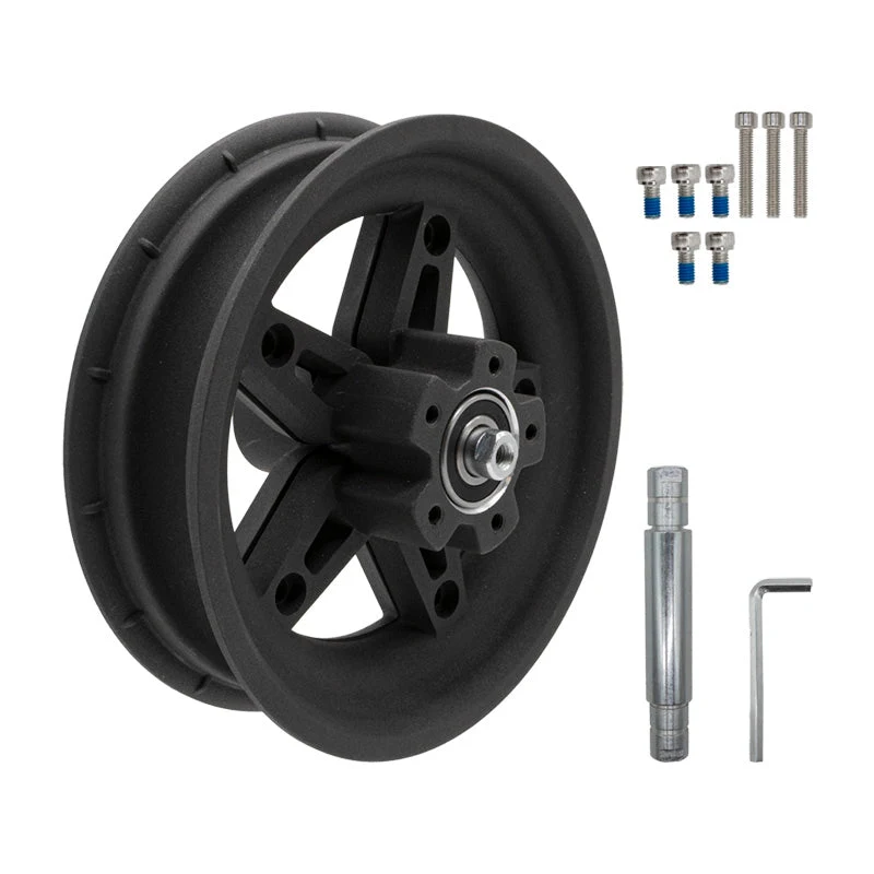 Pneu trottinette électrique avec moyeu et visserie, kit réparation incluant valve, boulons, clé et outil hexagonal pour réparation pneu trottinette électrique.