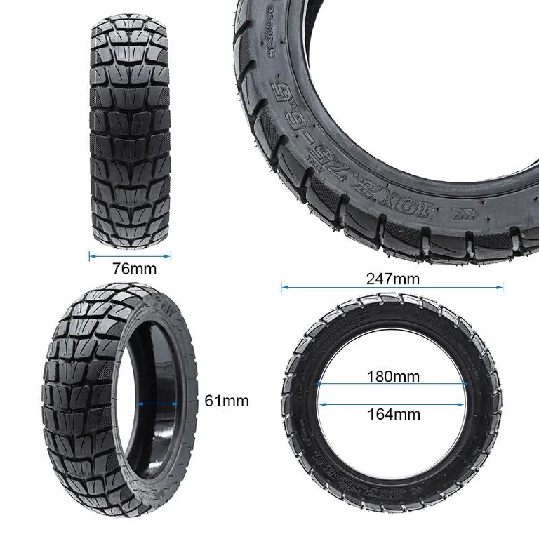 Pneu 10 × 2,75-6,5 au gel coté : 247 mm de diamètre, 76 mm de large, flanc de 61 mm