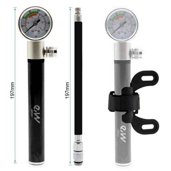 Pompe à main noire à manomètre, avec son flexible et son plan coté à 197 mm Pompe à main noire à manomètre, avec son flexible et son plan coté à 197 mm