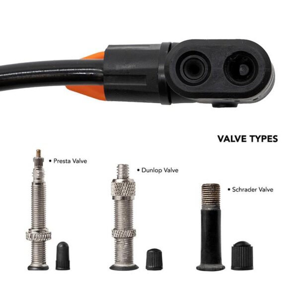 Tête de gonflage à deux orifices et types de valves Presta, Dunlop et Schrader
