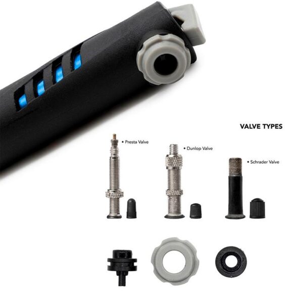 Types de valves Presta, Dunlop et Schrader et bagues d'adaptation fournies