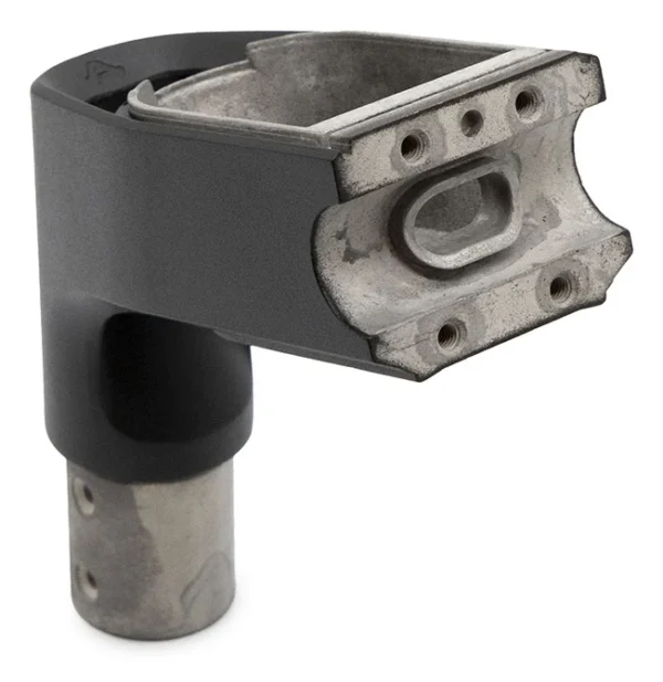 Potence noire vue de trois quarts, face avant en aluminium percée et embase tubulaire
