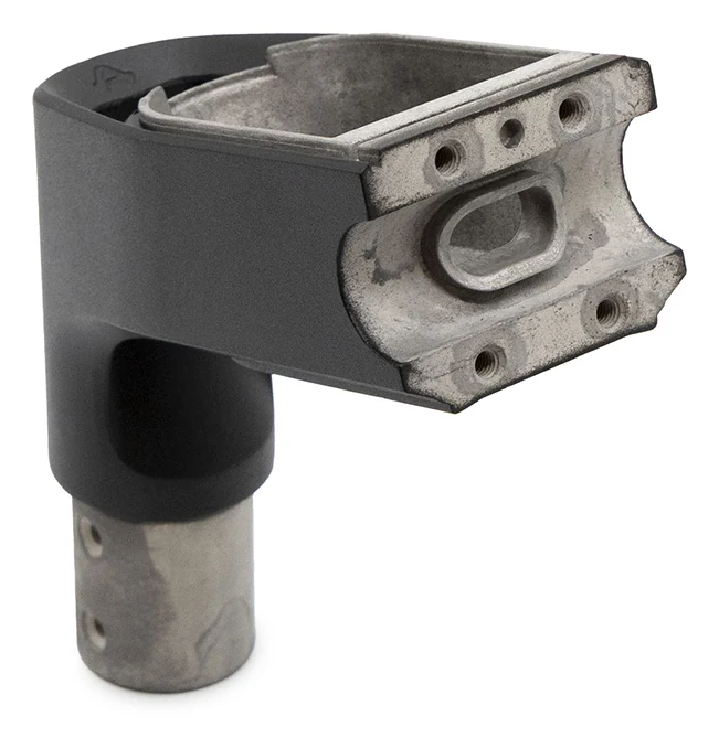 Potence noire vue de trois quarts, face avant en aluminium percée et embase tubulaire