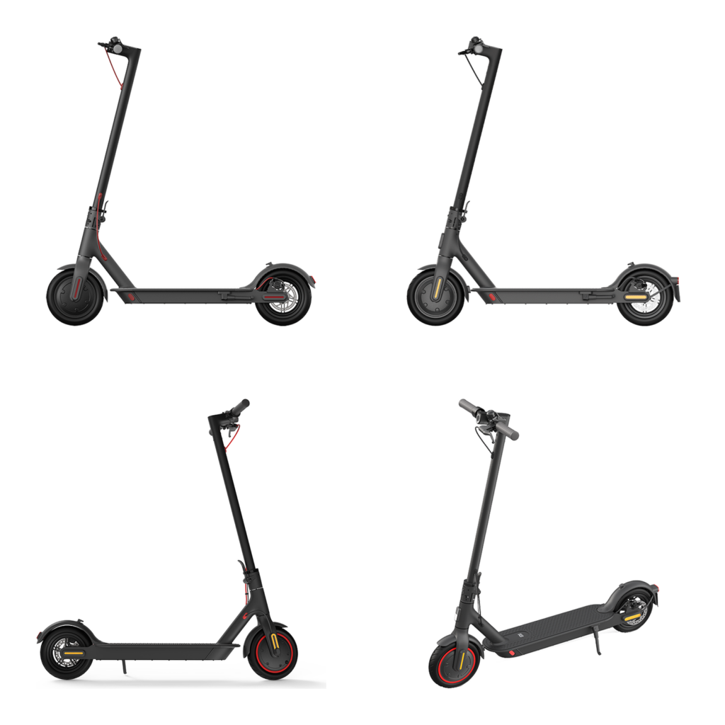 Trottinettes Xiaomi 1S, Essential, M365 Pro et Pro 2 de profil, les quatre machines que pilote cette carte