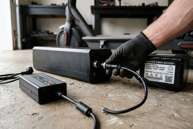Remplacement/chargement d’une batterie trottinette électrique: une main gantée tient une connexion sur la batterie et l’outil de charge est posé à côté sur le sol. Batterie et chargeur visibles.