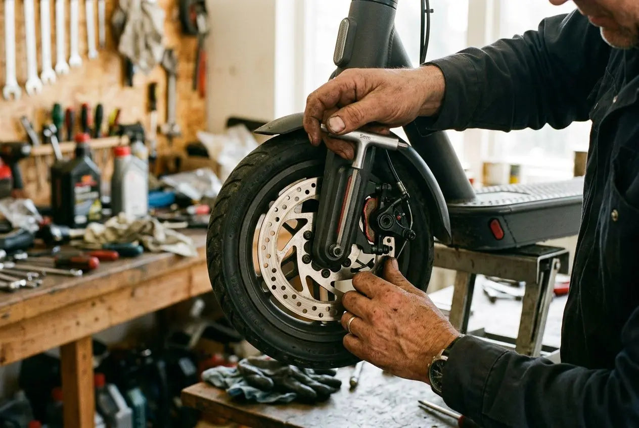 Réparation d’une trottinette électrique: technicien ajustant le frein à disque sur la roue, à l’atelier. frein trottinette électrique.