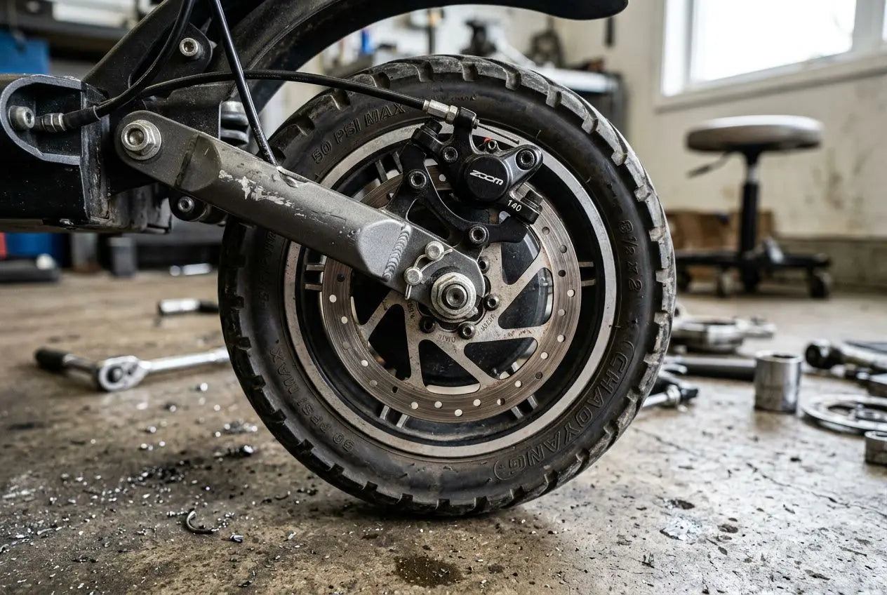 Réparation frein trottinette électrique: roue avant usinée et disque de frein visible dans un atelier, outils au sol et chaîne de travail autour.