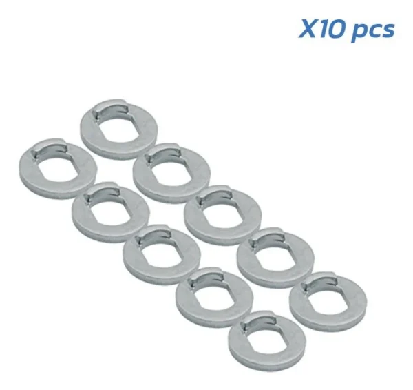 Dix rondelles-frein à ergot en acier zingué posées à plat, mention X10 pcs en haut Dix rondelles-frein à ergot en acier zingué posées à plat, mention X10 pcs en haut