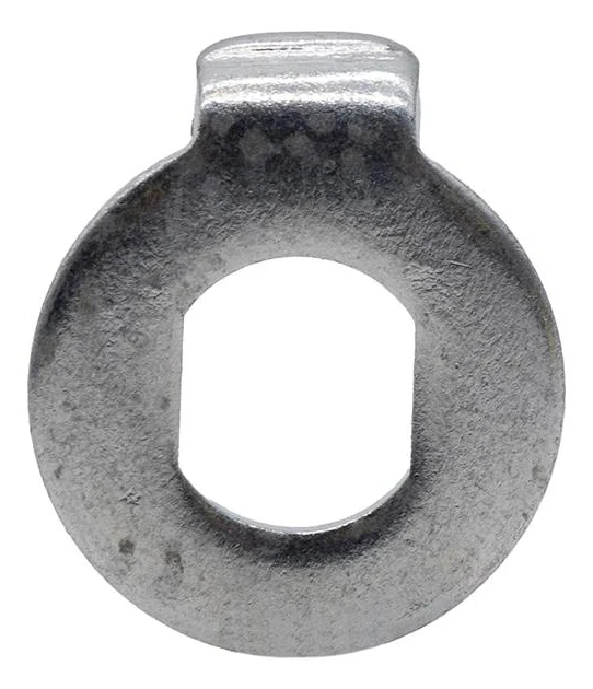 Rondelle-frein à ergot en acier zingué vue de face, alésage à deux méplats et ergot replié Rondelle-frein à ergot en acier zingué vue de face, alésage à deux méplats et ergot replié