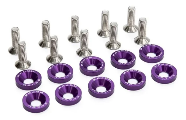Dix vis à tête fraisée et dix rondelles cuvette violettes disposées côte à côte