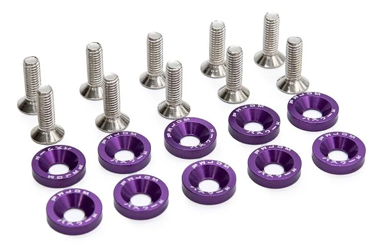 Dix vis à tête fraisée et dix rondelles cuvette violettes disposées côte à côte