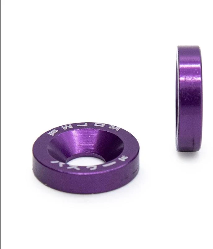 Rondelle cuvette violette vue de dessus et de profil, cuvette conique centrale et lettrage blanc gravé