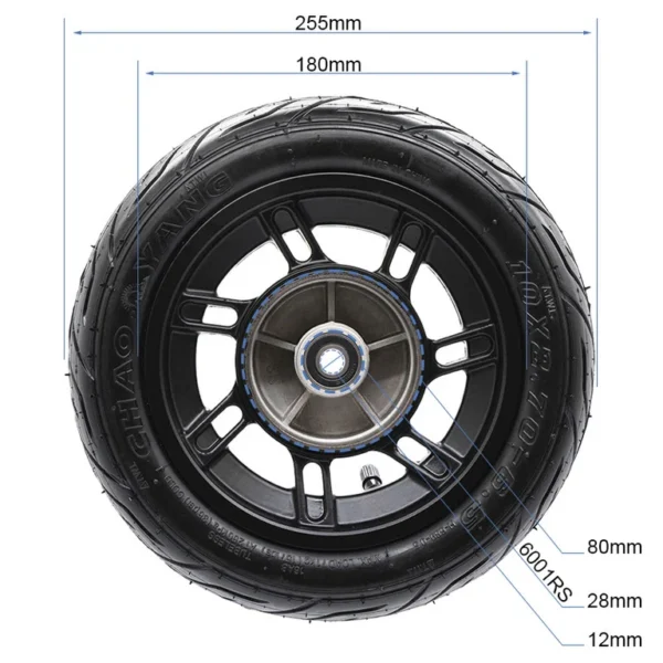 Plan coté de la roue avant Hikerboy Foxtrot Plus : 255 mm, jante 180 mm, largeur 80 mm Plan coté de la roue avant Hikerboy Foxtrot Plus : 255 mm, jante 180 mm, largeur 80 mm
