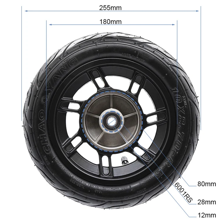 Plan coté de la roue avant Hikerboy Foxtrot Plus : 255 mm, jante 180 mm, largeur 80 mm