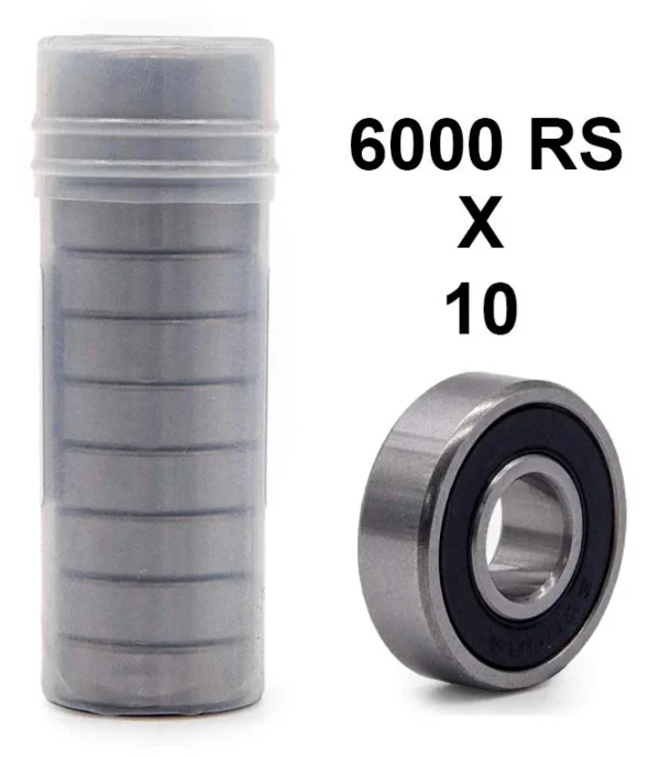 Tube translucide contenant les roulements empilés, à côté d'un roulement isolé, avec la mention 6000 RS x 10 Tube translucide contenant les roulements empilés, à côté d'un roulement isolé, avec la mention 6000 RS x 10