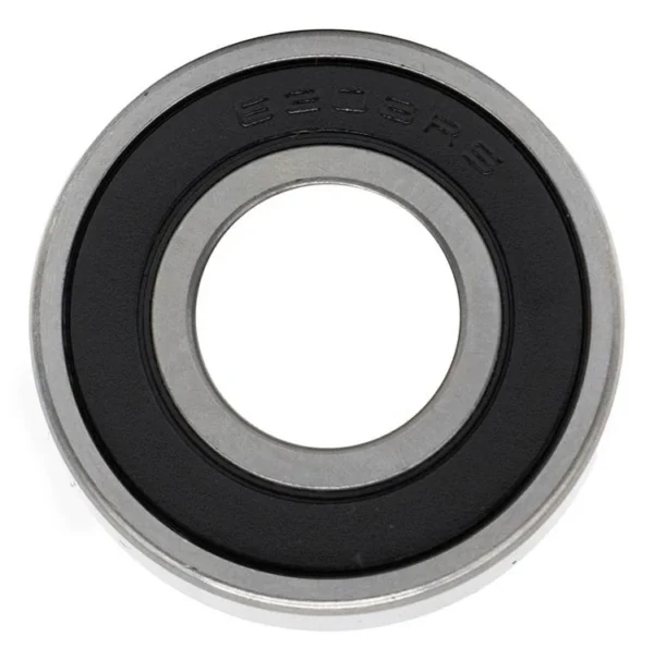 Roulement à billes vu de face : bague extérieure épaisse, joint souple noir marqué 6203RS, alésage central Roulement à billes vu de face : bague extérieure épaisse, joint souple noir marqué 6203RS, alésage central