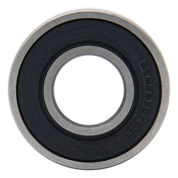 Roulement 6001RS vu de face, joint caoutchouc noir et bague intérieure en acier Roulement 6001RS vu de face, joint caoutchouc noir et bague intérieure en acier