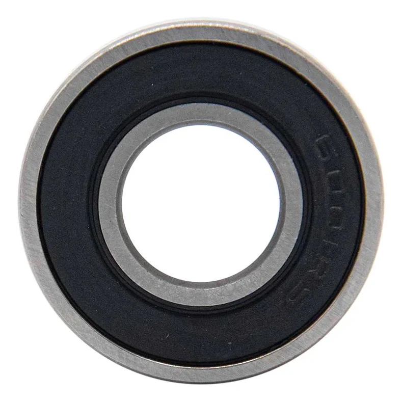 Roulement 6001RS vu de face, joint caoutchouc noir et bague intérieure en acier