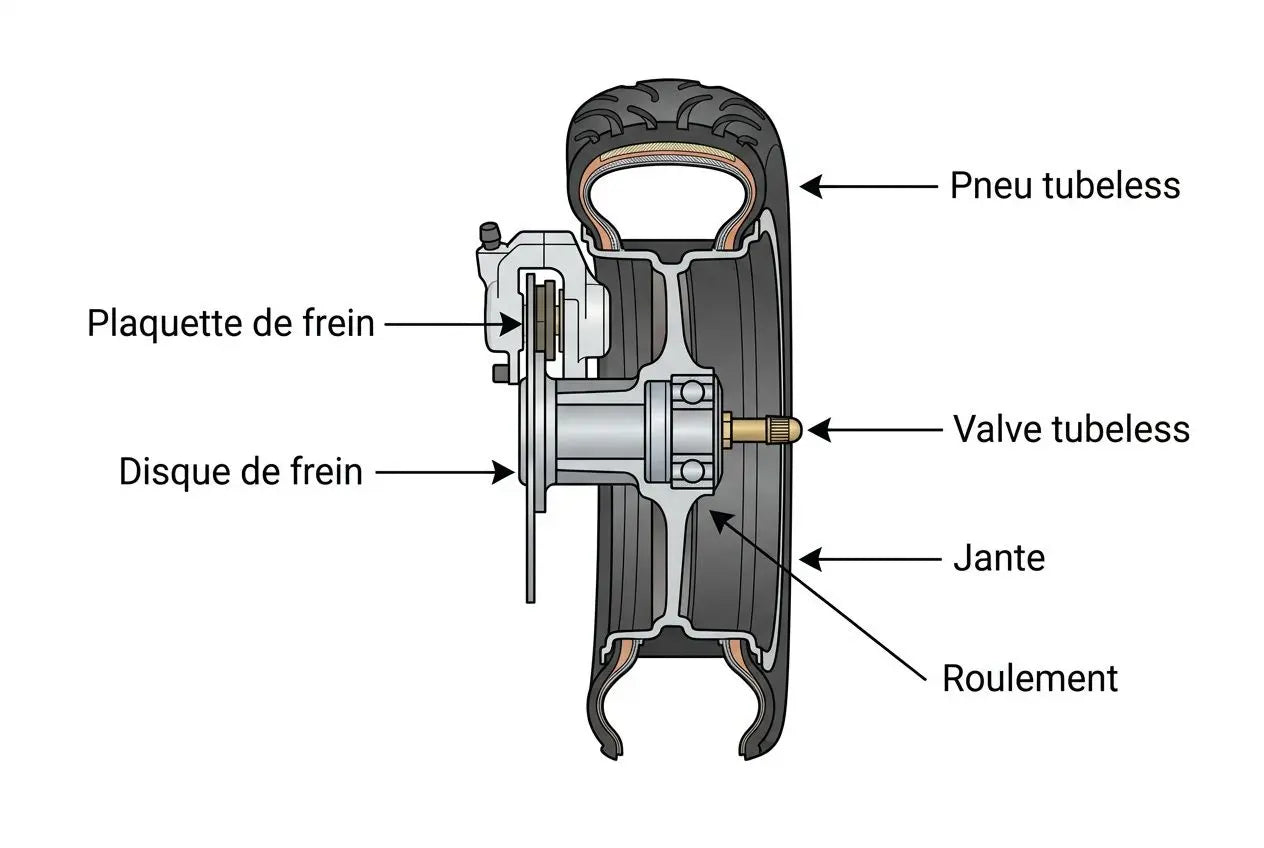 Schéma d’un système de frein d’une trottinette électrique, montrant disque, plaquette et étrier, jante et pneu tubeless.