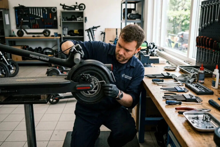 Technicien effectuant l’entretien trottinette électrique sur établi, outils et pièces à portée de main.