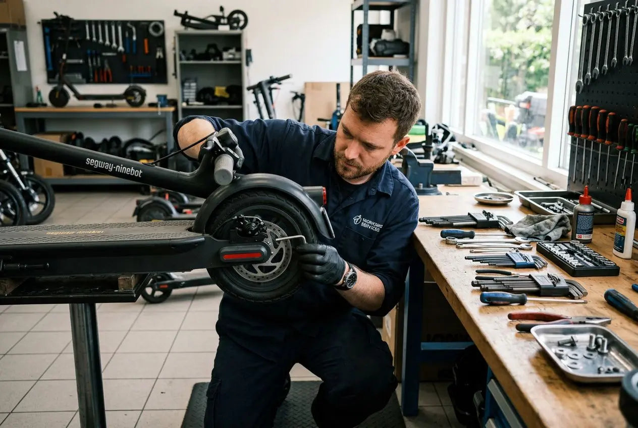 Technicien effectuant l’entretien trottinette électrique sur établi, outils et pièces à portée de main.