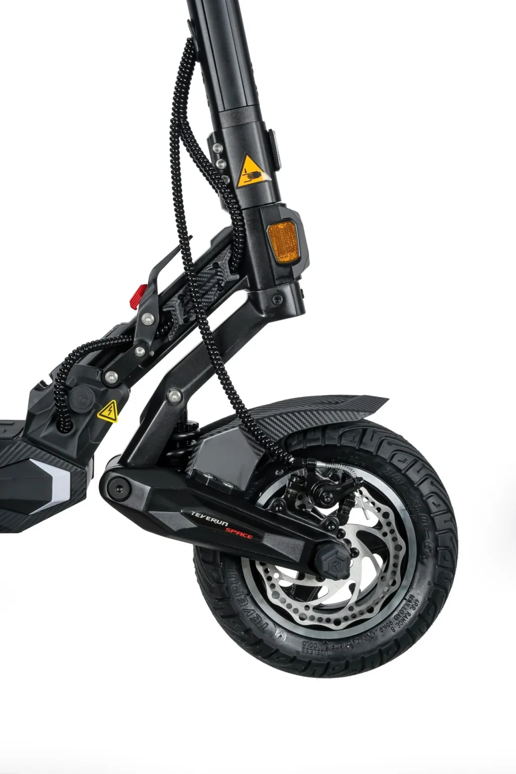 Teverun Space Lite de trois quarts : plateau long, double suspension et roues de 10 pouces
