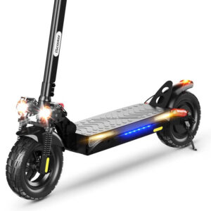 Trottinette électrique pliable avec phares allumés et plateau, vue de côté.