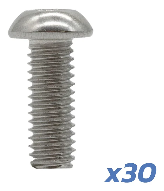 Vis à tête bombée filetée sur toute sa longueur, finition acier brillant, avec la mention x30 Vis à tête bombée filetée sur toute sa longueur, finition acier brillant, avec la mention x30
