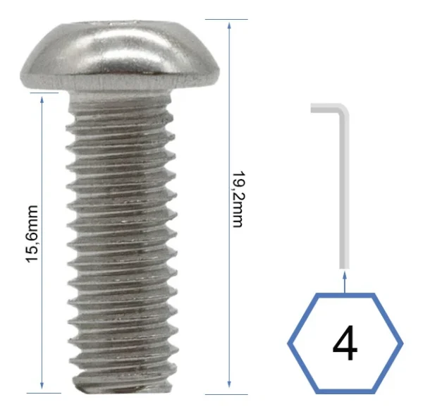 Plan coté de la vis : 19,2 mm hors tout, 15,6 mm sous tête, clé six pans de 4 mm Plan coté de la vis : 19,2 mm hors tout, 15,6 mm sous tête, clé six pans de 4 mm