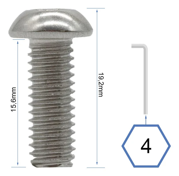 Plan coté de la vis : 19,2 mm hors tout, 15,6 mm sous tête, clé six pans de 4 mm