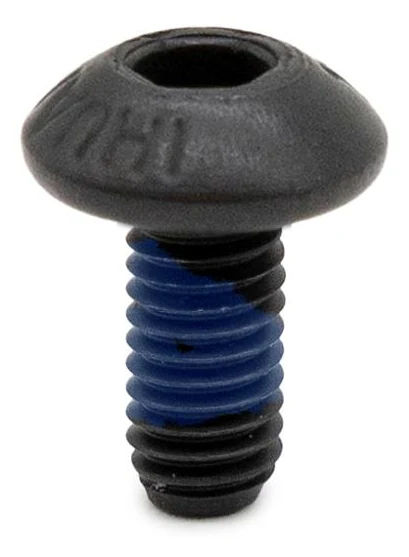 Vis noire à tête bombée vue de face, frein-filet bleu sur le filetage Vis noire à tête bombée vue de face, frein-filet bleu sur le filetage