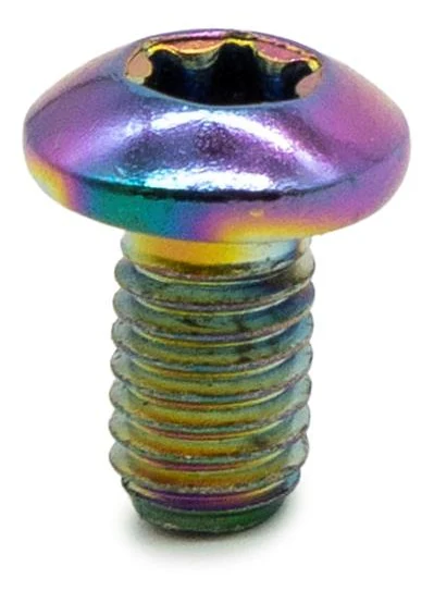 Gros plan de la tête bombée irisée et de son empreinte Torx à six lobes Gros plan de la tête bombée irisée et de son empreinte Torx à six lobes