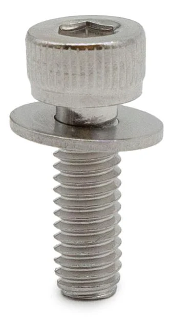 Vis à tête cylindrique moletée avec sa rondelle plate, vue de face Vis à tête cylindrique moletée avec sa rondelle plate, vue de face