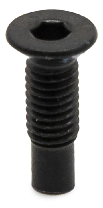 Une vis noire vue de face : tête fraisée avec empreinte six pans creux, filetage puis bout de tige lisse.