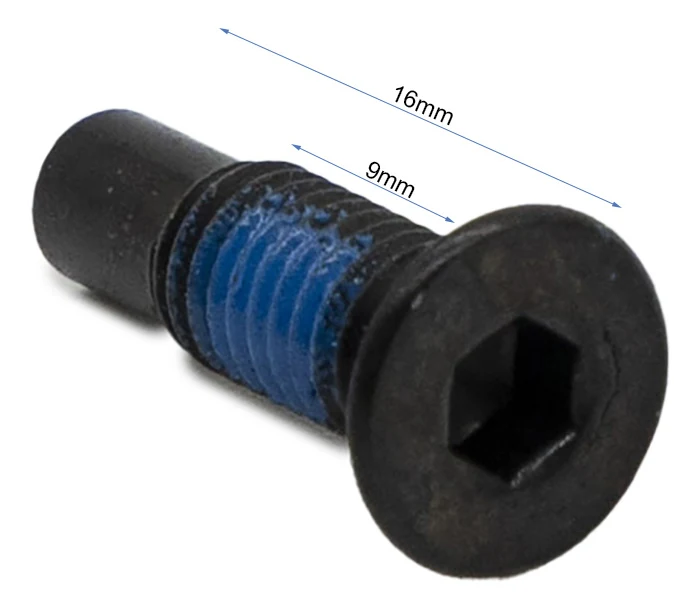 Plan coté de la vis : 16 mm sous tête et 9 mm de partie filetée, dépôt bleu de frein filet sur le filetage.