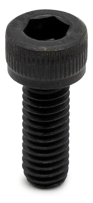 La même vis noire vue de face, empreinte six pans creux au centre de la tête La même vis noire vue de face, empreinte six pans creux au centre de la tête