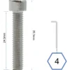 Plan coté de la vis : 29,3 mm hors tout, 24,5 mm sous tête, clé six pans de 4 mm Plan coté de la vis : 29,3 mm hors tout, 24,5 mm sous tête, clé six pans de 4 mm