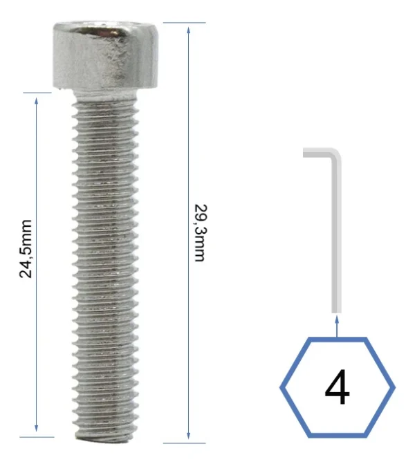 Plan coté de la vis : 29,3 mm hors tout, 24,5 mm sous tête, clé six pans de 4 mm Plan coté de la vis : 29,3 mm hors tout, 24,5 mm sous tête, clé six pans de 4 mm