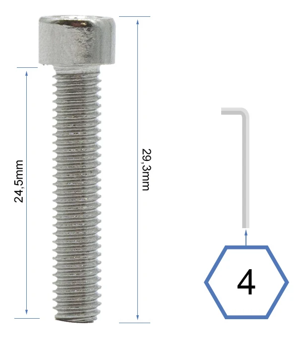 Plan coté de la vis : 29,3 mm hors tout, 24,5 mm sous tête, clé six pans de 4 mm